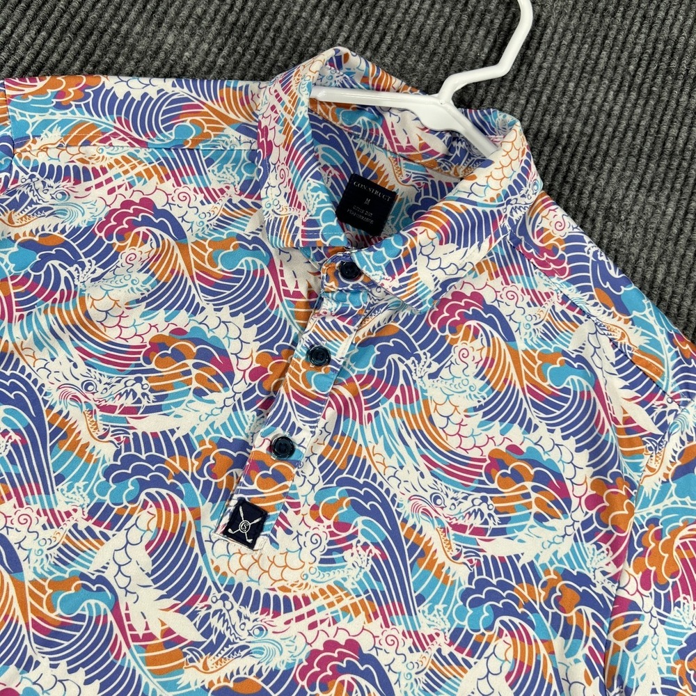 Con.Struct Polo Shirt Mens Medium White Blue Geometric Short Sleeve Performance